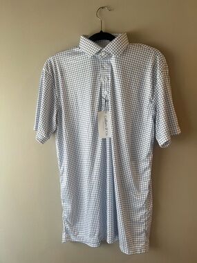 Collars & Co Men’s White and Navy Check Polo Shirt Size Large
